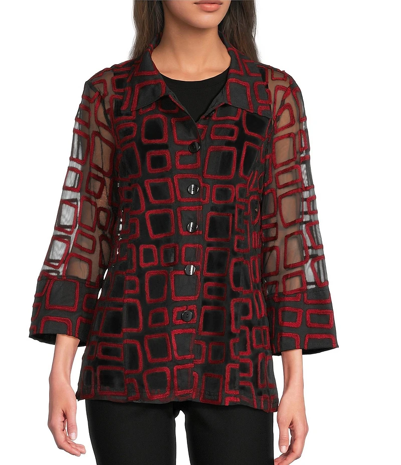 Ali Miles Jacquard Knit Mesh Square Embroider Point Collar 3/4 Sleeve Button Front Jacket