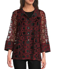 Ali Miles Jacquard Knit Mesh Square Embroider Point Collar 3/4 Sleeve Button Front Jacket