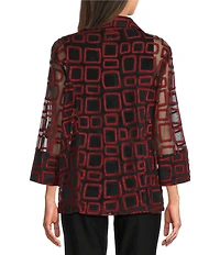 Ali Miles Jacquard Knit Mesh Square Embroider Point Collar 3/4 Sleeve Button Front Jacket