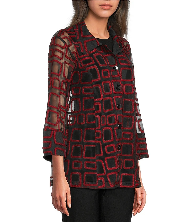 Ali Miles Jacquard Knit Mesh Square Embroider Point Collar 3/4 Sleeve Button Front Jacket