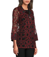 Ali Miles Jacquard Knit Mesh Square Embroider Point Collar 3/4 Sleeve Button Front Jacket