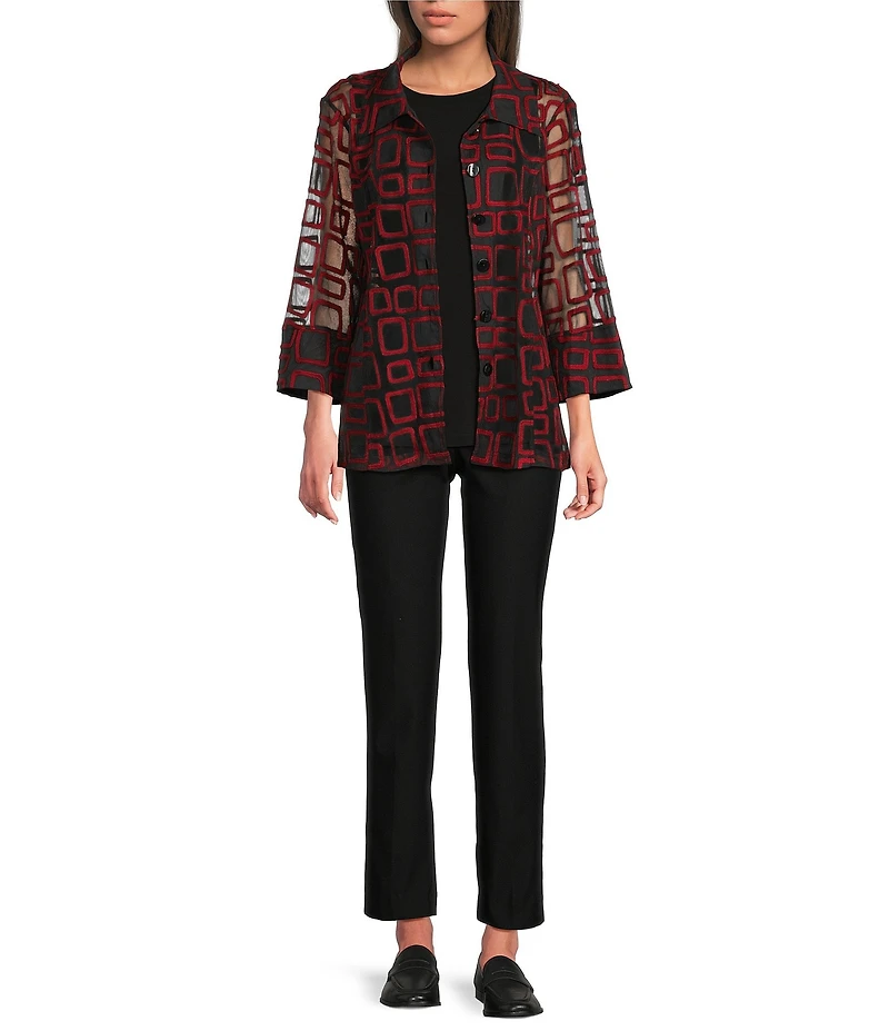 Ali Miles Jacquard Knit Mesh Square Embroider Point Collar 3/4 Sleeve Button Front Jacket