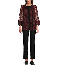 Ali Miles Jacquard Knit Mesh Square Embroider Point Collar 3/4 Sleeve Button Front Jacket