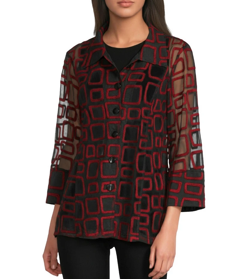Ali Miles Jacquard Knit Mesh Square Embroider Point Collar 3/4 Sleeve Button Front Jacket