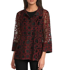 Ali Miles Jacquard Knit Mesh Square Embroider Point Collar 3/4 Sleeve Button Front Jacket