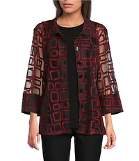 Ali Miles Jacquard Knit Mesh Square Embroider Point Collar 3/4 Sleeve Button Front Jacket