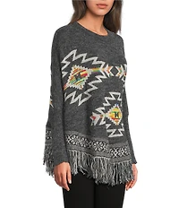 Ali Miles Jacquard Knit Mock Neck 3/4 Cuffed Sleeve Sweater Poncho