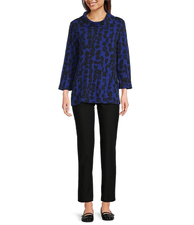 Ali Miles Jacquard Knit Spotted Cowl Neck 3/4 Sleeve Tunic