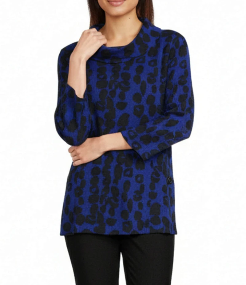 Ali Miles Jacquard Knit Spotted Cowl Neck 3/4 Sleeve Tunic
