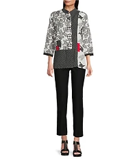 Ali Miles Jacquard Multi Patch Print Stand Collar 3/4 Sleeve Button Front Tunic