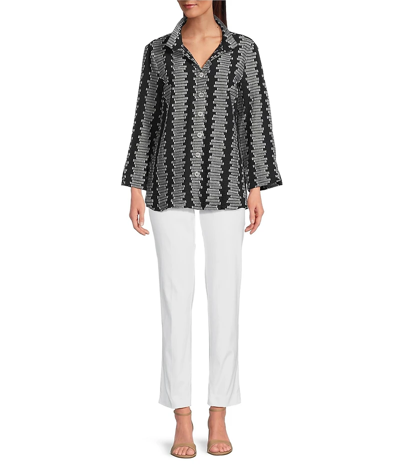 Ali Miles Jacquard Wire Collar 3/4 Cuff Sleeve Button Front Tunic