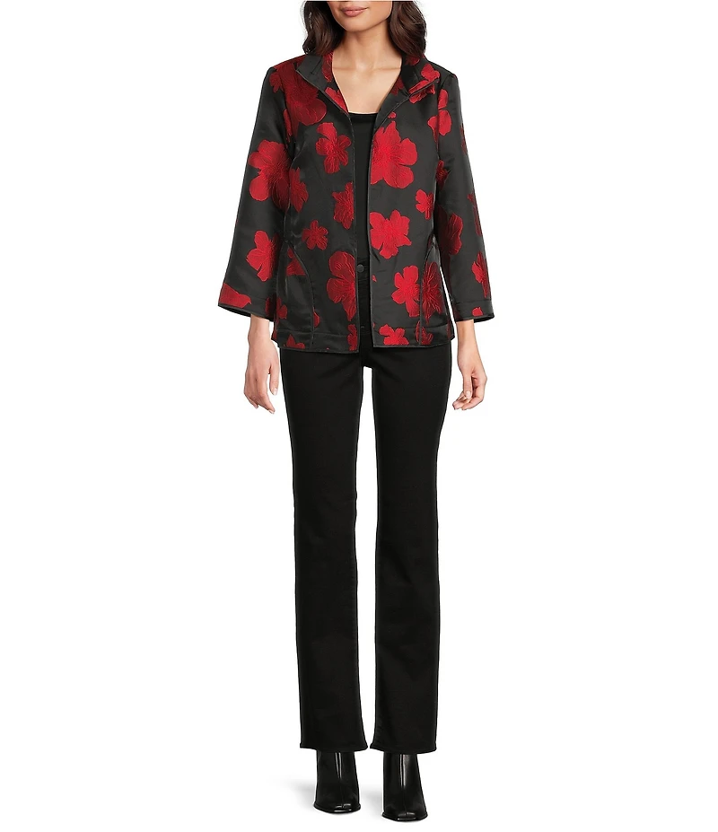 Ali Miles Jacquard Woven Floral Print Wire Collar Open Front Jacket