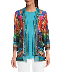 Ali Miles Knit Abstract Floral 3/4 Sleeve Open-Front Cardigan
