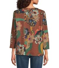Ali Miles Knit Abstract Floral Round Neck 3/4 Sleeve Tunic