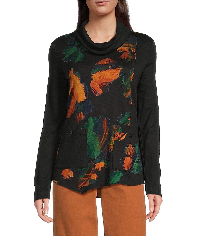 Ali Miles Knit Abstract Multi Print Cowl Neck Long Sleeve Asymmetrical Hem Popover Top