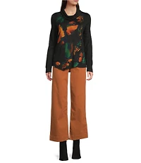 Ali Miles Knit Abstract Multi Print Cowl Neck Long Sleeve Asymmetrical Hem Popover Top