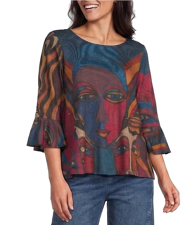 Ali Miles Knit Abstract Print Round Neck 3/4 Sleeves Pullover Top