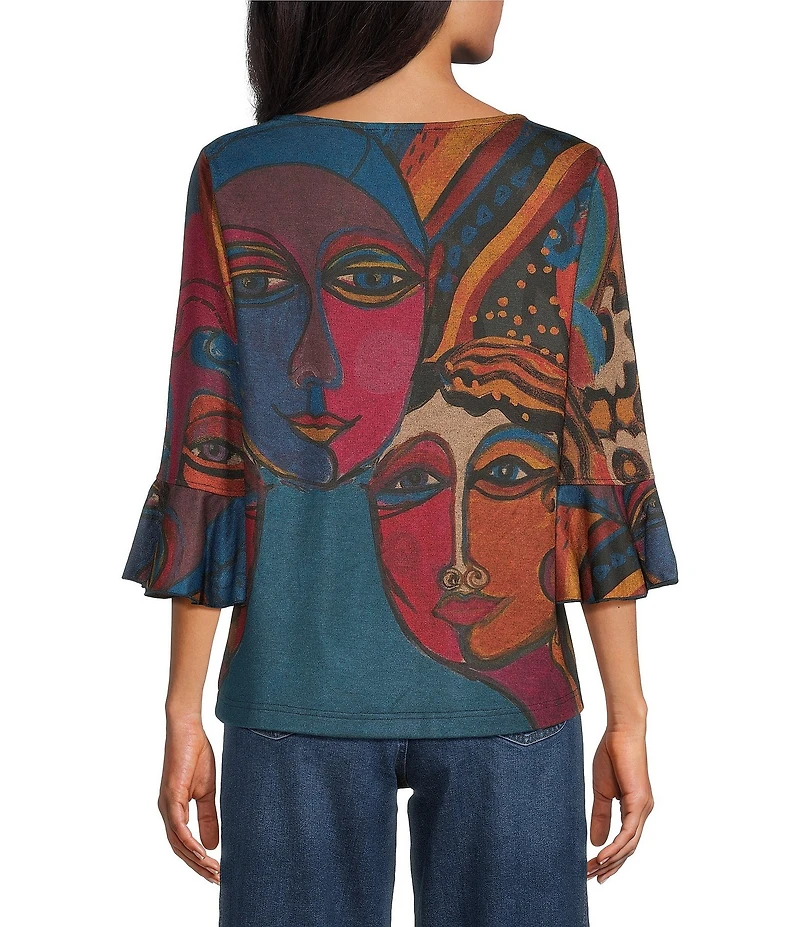 Ali Miles Knit Abstract Print Round Neck 3/4 Sleeves Pullover Top