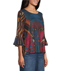 Ali Miles Knit Abstract Print Round Neck 3/4 Sleeves Pullover Top