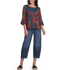 Ali Miles Knit Abstract Print Round Neck 3/4 Sleeves Pullover Top