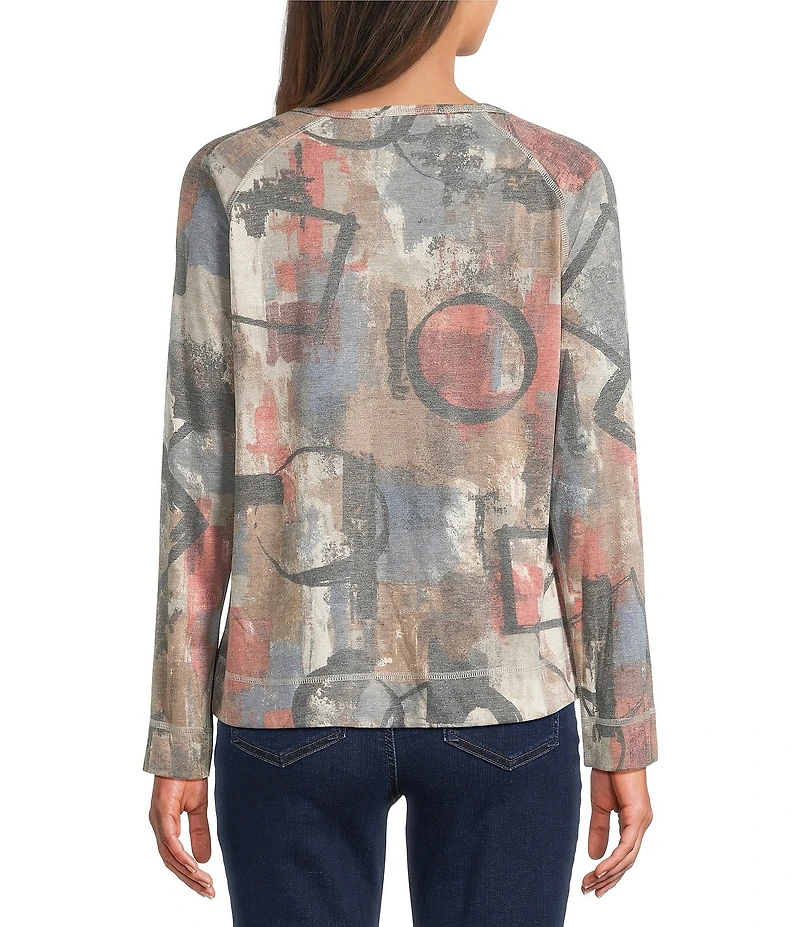 Ali Miles Knit Abstract Print Round Neck Long Sleeve Top