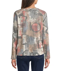 Ali Miles Knit Abstract Print Round Neck Long Sleeve Top