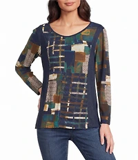 Ali Miles Knit Abstract Print V-Neck Long Sleeve Pullover Top