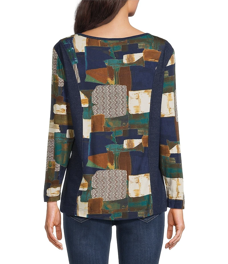 Ali Miles Knit Abstract Print V-Neck Long Sleeve Pullover Top