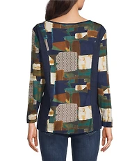 Ali Miles Knit Abstract Print V-Neck Long Sleeve Pullover Top
