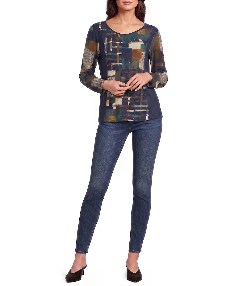 Ali Miles Knit Abstract Print V-Neck Long Sleeve Pullover Top