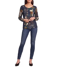 Ali Miles Knit Abstract Print V-Neck Long Sleeve Pullover Top