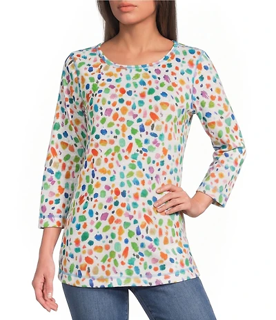 Ali Miles Knit All Over Dots Crew Neck 3/4 Sleeve Popover Top