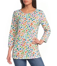 Ali Miles Knit All Over Dots Crew Neck 3/4 Sleeve Popover Top