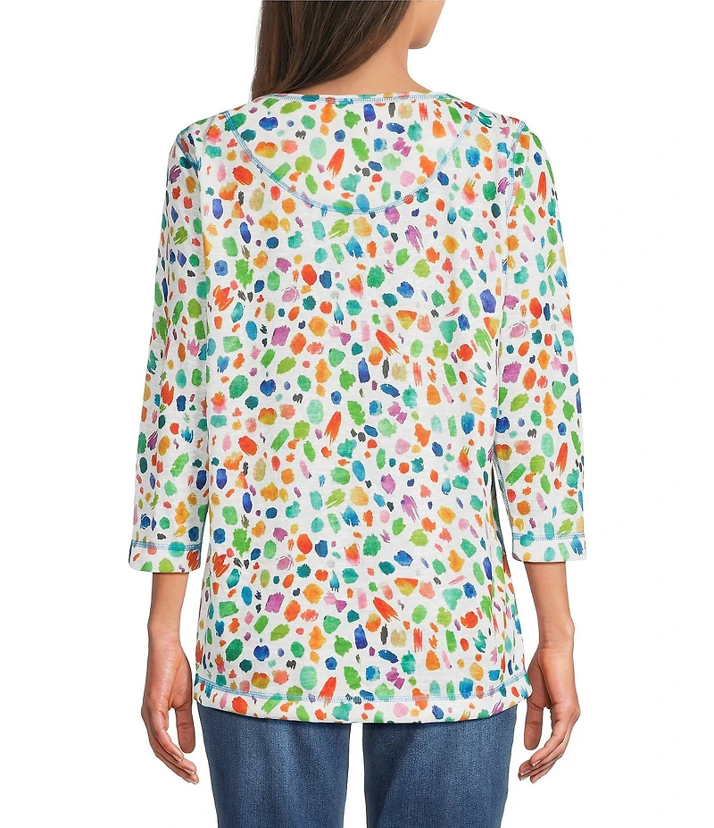 Ali Miles Knit All Over Dots Crew Neck 3/4 Sleeve Popover Top