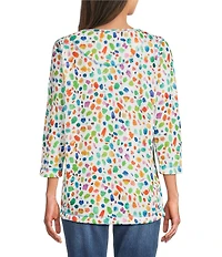 Ali Miles Knit All Over Dots Crew Neck 3/4 Sleeve Popover Top
