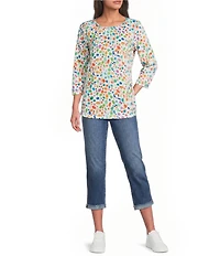 Ali Miles Knit All Over Dots Crew Neck 3/4 Sleeve Popover Top