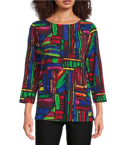 Ali Miles Knit Brushstroke Print Round Neck 3/4 Sleeve Top