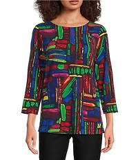 Ali Miles Knit Brushstroke Print Round Neck 3/4 Sleeve Top