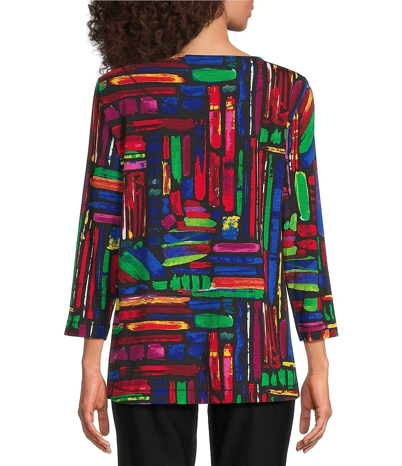 Ali Miles Knit Brushstroke Print Round Neck 3/4 Sleeve Top