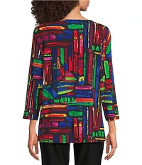 Ali Miles Knit Brushstroke Print Round Neck 3/4 Sleeve Top