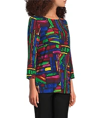 Ali Miles Knit Brushstroke Print Round Neck 3/4 Sleeve Top