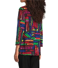Ali Miles Knit Brushstroke Print Round Neck 3/4 Sleeve Top