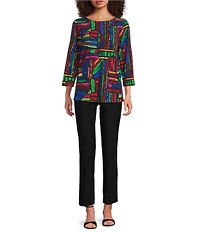 Ali Miles Knit Brushstroke Print Round Neck 3/4 Sleeve Top