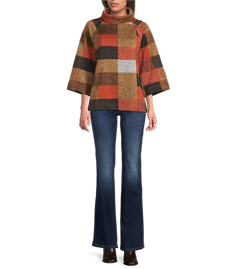 Ali Miles Knit Checkered Stand Neck 3/4 Bell Sleeve Tunic