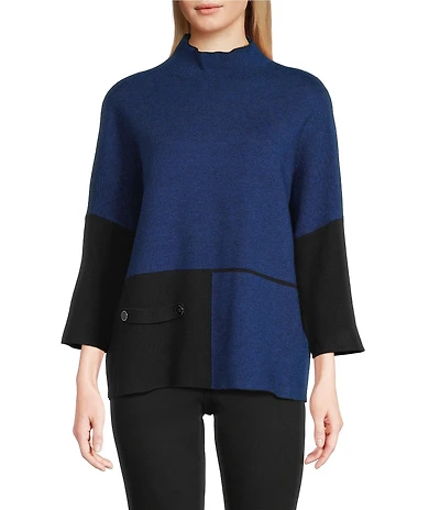 Ali Miles Knit Color Block Mock Neck 3/4 Dolman Sleeve Sweater