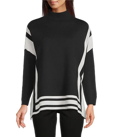Ali Miles Knit Color Block Trimmed Mock Neck Long Sleeve Pullover