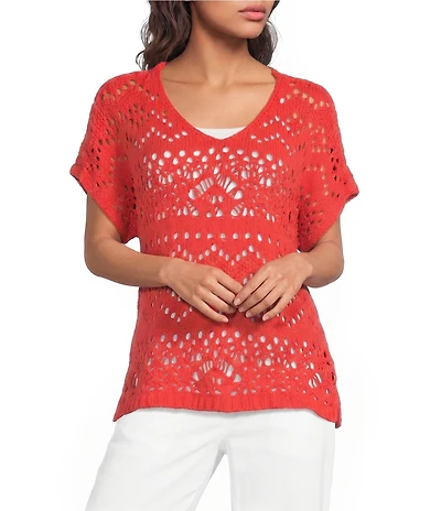 Ali Miles Knit Crochet V-Neck Short Dolman Sleeve Top