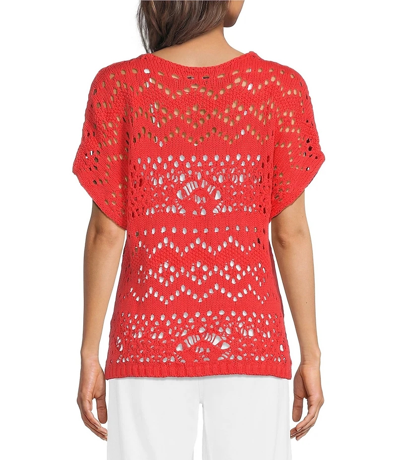 Ali Miles Knit Crochet V-Neck Short Dolman Sleeve Top