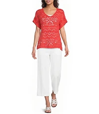 Ali Miles Knit Crochet V-Neck Short Dolman Sleeve Top