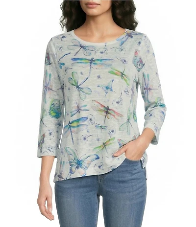 Ali Miles Knit Dragonfly Round Neck 3/4 Sleeve High Low Hem Top